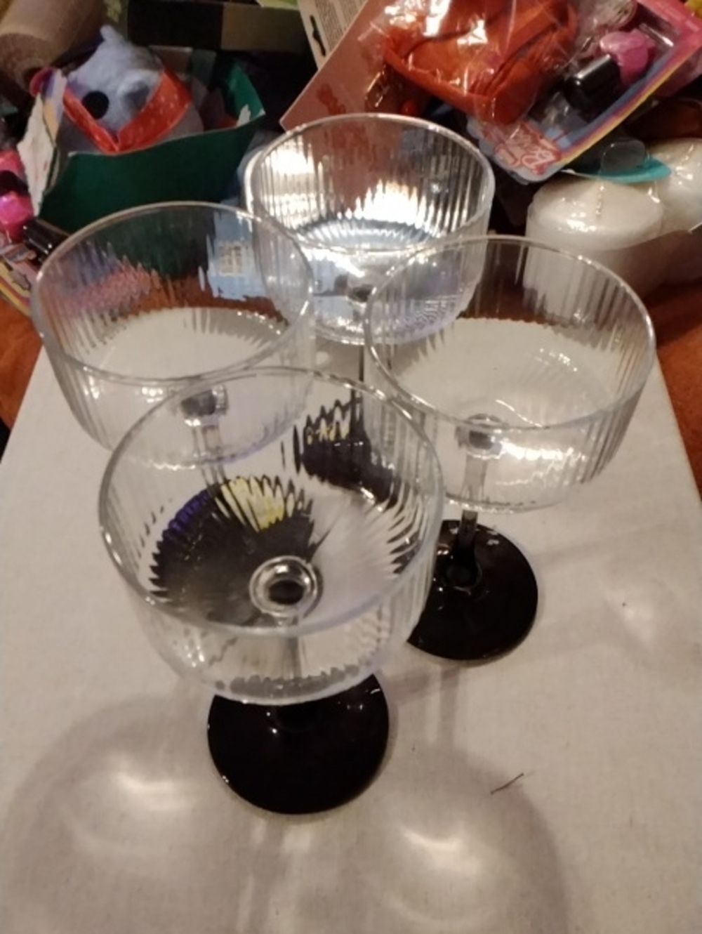 Black Stem Ribbed Clear Glass Dessert Coupes - Set of 4 1073